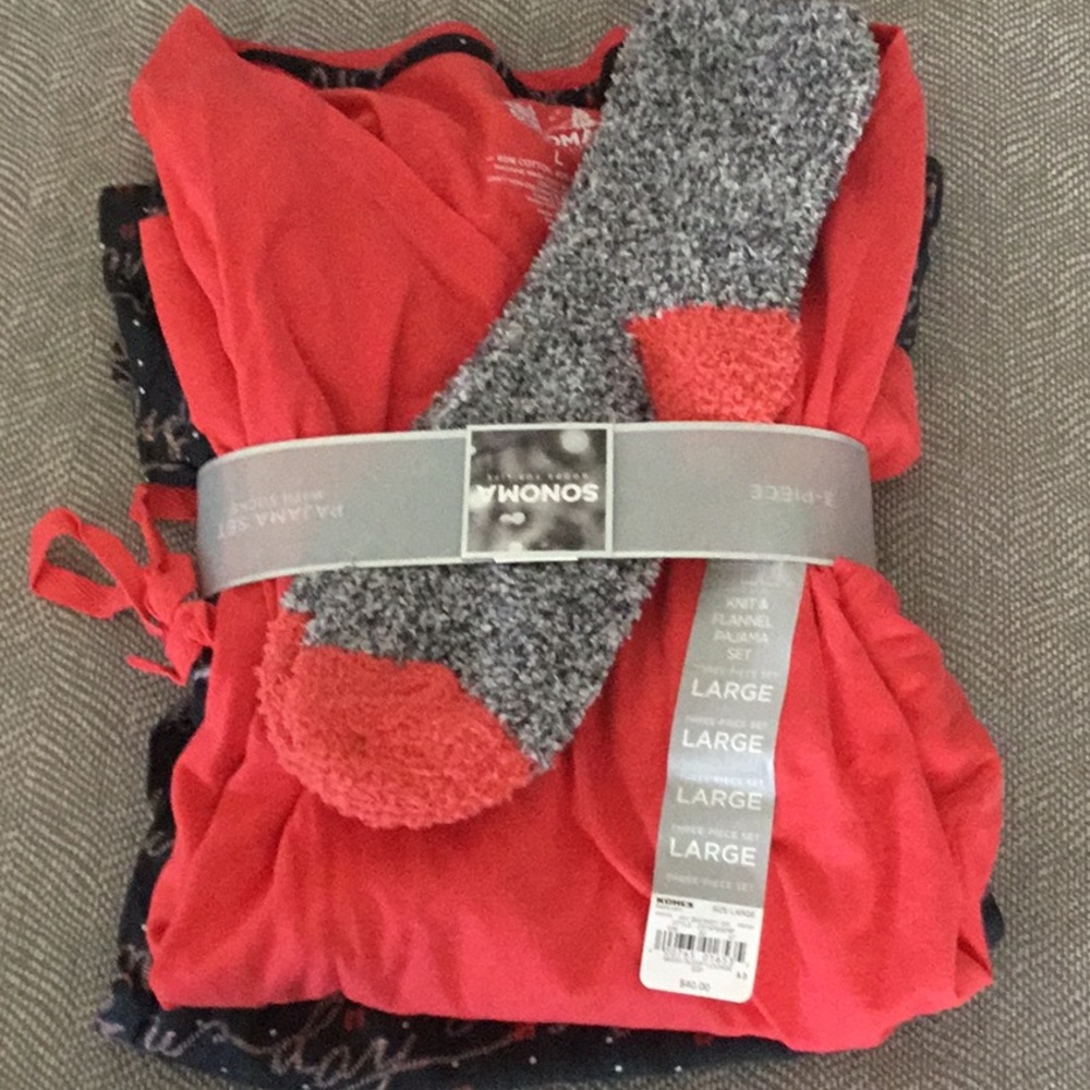 NWT, Sonoma pajamas, 3 piece set, size L, orange and grey